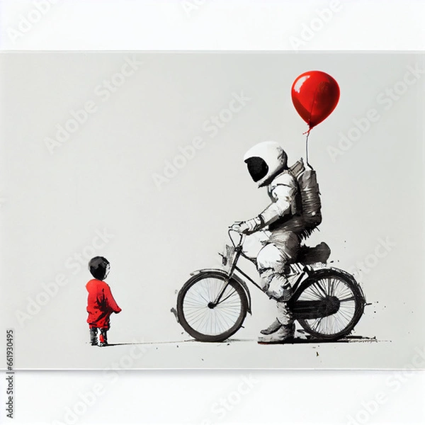 Fototapeta an astronaut and a little kid with red balloon and bicycle, generative ai
