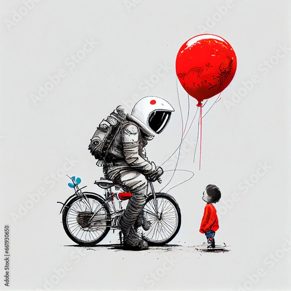 Fototapeta an astronaut and a little kid with red balloon and bicycle, generative ai