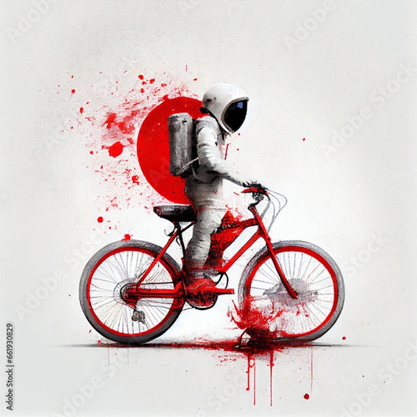 Fototapeta an astronaut on a red bicycle with red balloon, generative ai