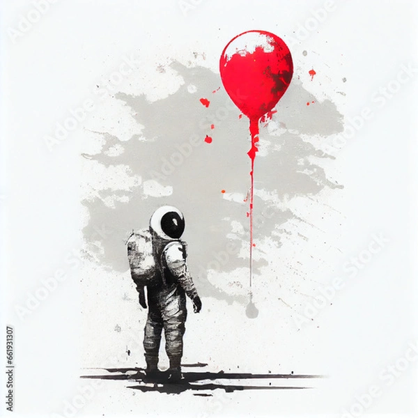 Fototapeta astronaut with red balloon white background, generative ai
