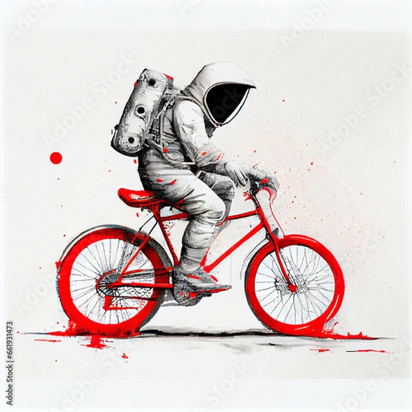 Fototapeta an astronaut with red bicycle white background, generative ai