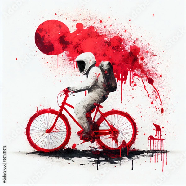 Fototapeta astronaut with red bicycle white background, generative ai