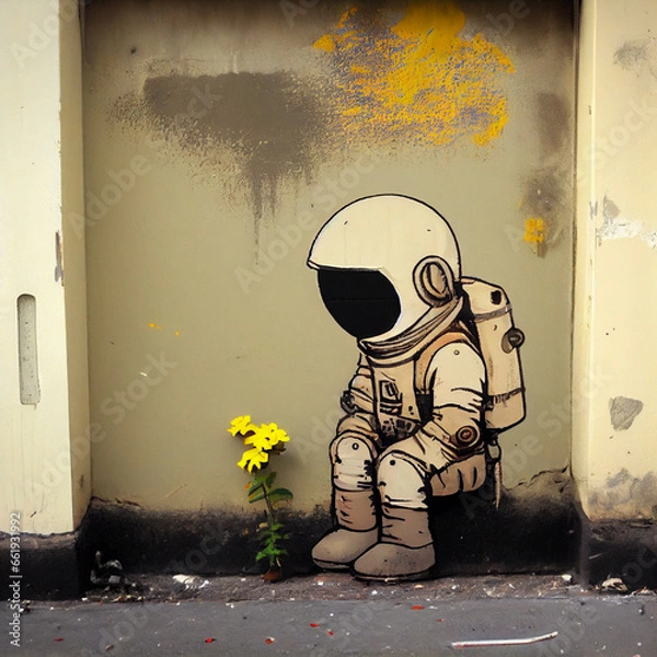 Fototapeta cartoon astronaut and flower, generative ai