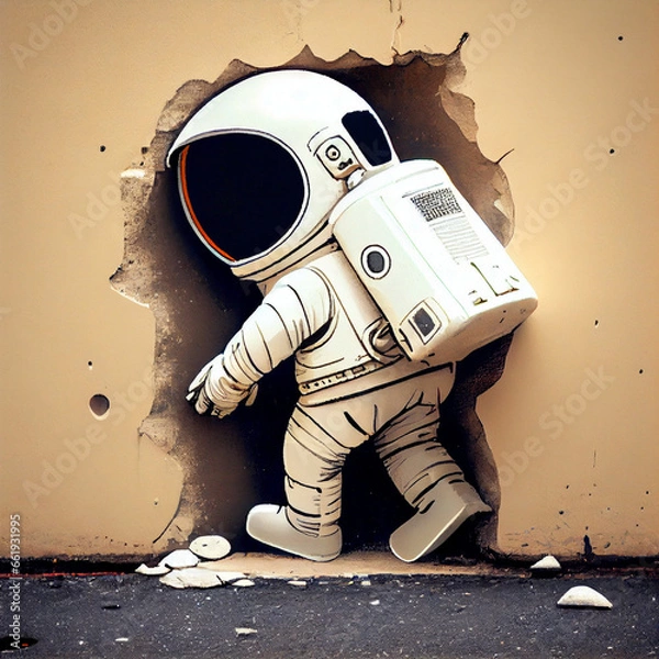 Fototapeta cartoon astronaut and wall, generative ai