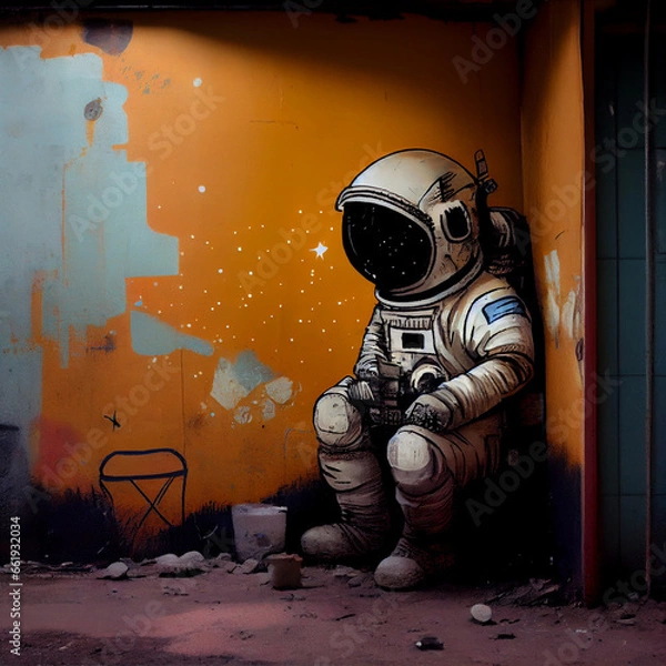 Fototapeta cartoon astronaut and wall, generative ai