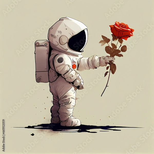 Fototapeta a cartoon astronaut holding a flower, generative ai