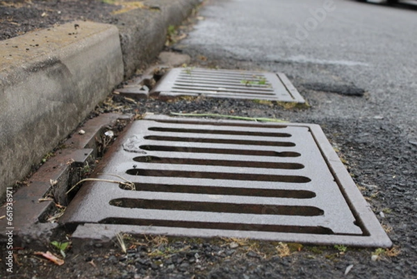 Fototapeta Grate of a storm sewer drain up close perspective, blurred street in background