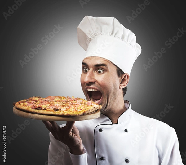 Fototapeta Funny portrait of a chef with opened mouth looking at pizza