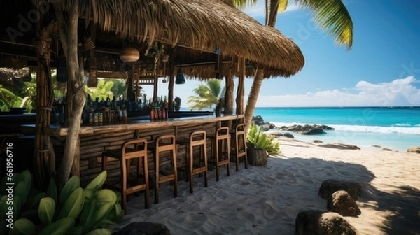 Fototapeta Lush Tropical Background Set Around a Vibrant Tiki Bar