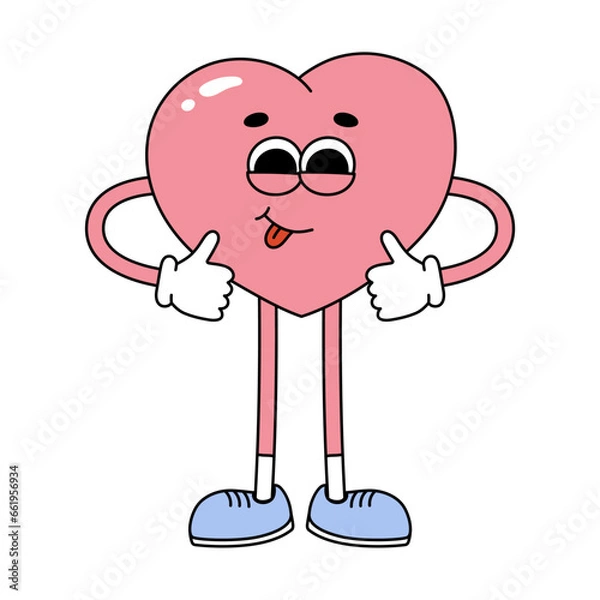 Fototapeta Groovy hippie pink heart character standing. Cartoon character in trendy retro style for Valentines day design. Love concept. Isolated vector illustration