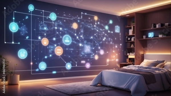 Fototapeta Glowing smart home interface, geometric background, connected lines and dots displaying the Internet of Things system