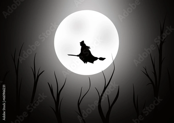 Fototapeta Black outline of a witch flying on a broom against the backdrop of a luminous moon in the black sky at night, side view. Under the Moon with a witch there are black bare branches of trees.