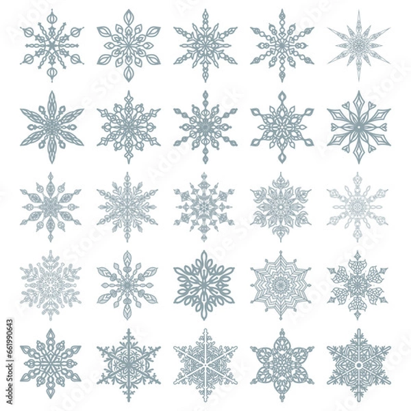 Obraz A set of twenty-five blue snowflakes. Delicate icy patterns. Snow ornaments in your design. A winter wonderland. Attribute of Christmas and New Year.