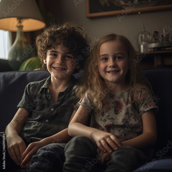 Obraz Young brother and sister sitting together on a couch in living room, smiling and happy, content