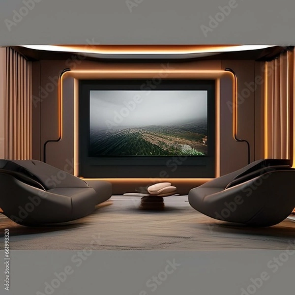 Fototapeta A high-tech, home cinema with a 4K projector, plush seating, and a dedicated popcorn machine2