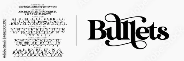 Fototapeta Elegant Font Uppercase Lowercase and Number. Classic Lettering Minimal Fashion Designs. Typography modern serif fonts regular decorative vintage vector illustration | Black Mantis Font Variation