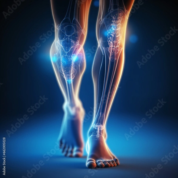 Fototapeta Digital bone on the human foot. Injury caused by training. Tendon problems. 