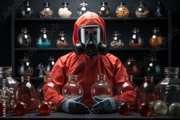 Fototapeta Healthcare person with red Biohazard Suit and gas mask with different kind of medicine bottles in background on International Day of Epidemic Preparedness