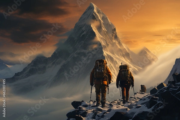 Fototapeta Exhilaration and determination of mountain climbers as they conquer a formidable peak, showing their teamwork, courage, and the sheer scale of the mountain for International Mountain Day