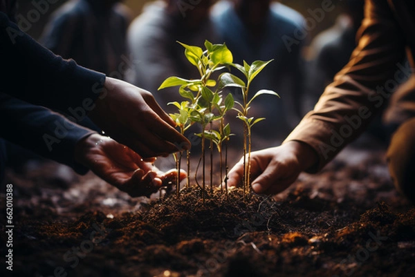 Fototapeta Diverse hands, young and old, digging into rich, fertile soil with vibrant green plants sprouting from it, showcase the connection between people and the Earth on World Soil Day