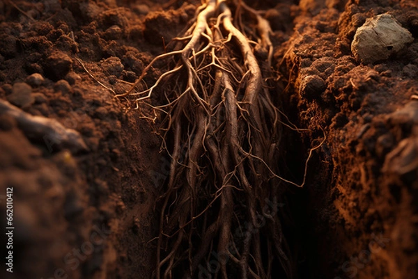 Fototapeta Close up macro shot of complex network of roots in soil on World Soil Day (05th December)