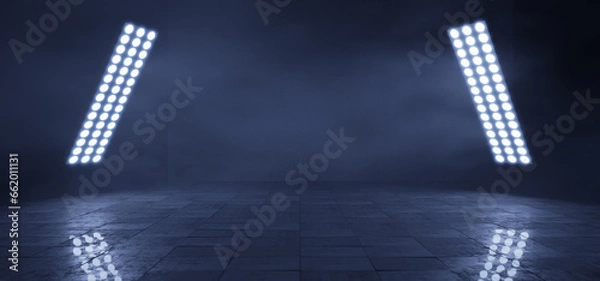 Fototapeta Hangar. Metal. Led lights. Neon Laser. Garage. Futuristic background. Futuristic corridor. Showroom. Tunnel. Technology background. 3D Rendering