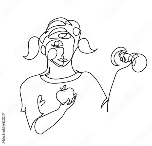 Fototapeta One line drawing of sporty child with apple and dumbbell
One continuous line drawing of young girl healthy life concept.
