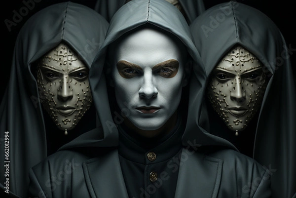 Fototapeta Black dressed man with masks, with a subtle blend of emotions underneath that reflect the hidden facets of their personality, symbolizing Antisocial Personality Disorder