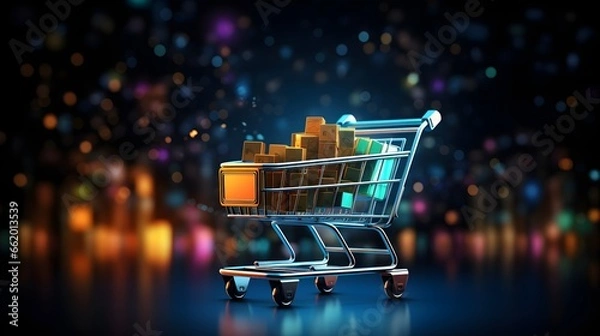 Obraz A futuristic, luminous shopping trolley is filled with symbolic boxes, positioned on a mirrored floor with a background of multi-coloured lights. The image evokes a concept of digital shopping in the 
