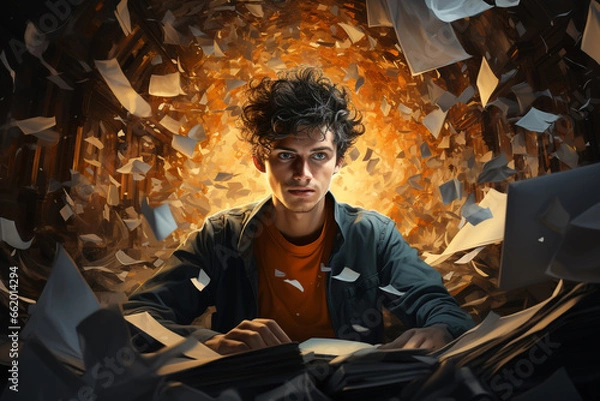 Fototapeta Person intensely focused on reading books while surrounded by distractions, struggle between focus and distraction in the life of a person with Attention Deficit Hyperactivity Disorder (ADHD)