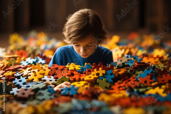 Fototapeta Little child with Autism Spectrum Disorder playing with jigsaw puzzle