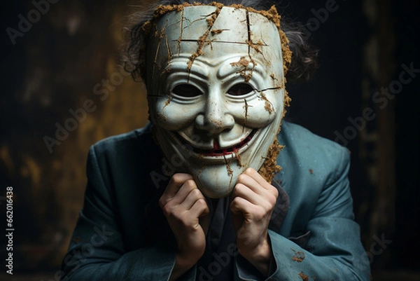 Fototapeta Person in mask that portrays a happy expression underneath a distressed expression, illustration of  person with Borderline Personality Disorder