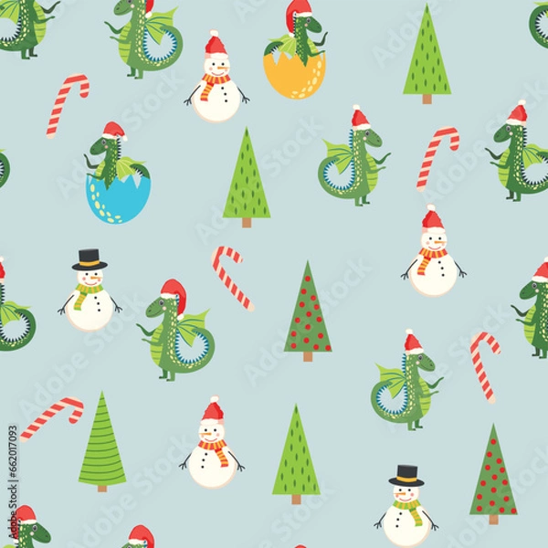 Fototapeta Seamless pattern with cute dragons Christmas design. Chinese New Year background with dragons for 2024