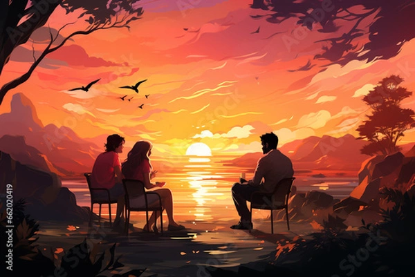 Fototapeta Illustrating of a group of friends engaged in a warm and empathetic conversation, concept of support and understanding in the life of someone with Schizoaffective Disorder
