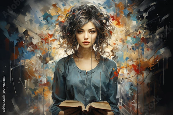 Fototapeta Girl holding a opened book,  thoughts represented as color splashes , showing challenges of learning with Attention Deficit Hyperactivity Disorder (ADHD)