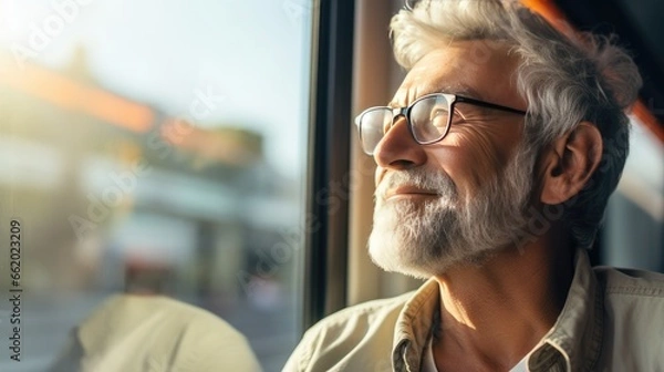 Fototapeta Portrait of a senior man on public transportation looking out the window