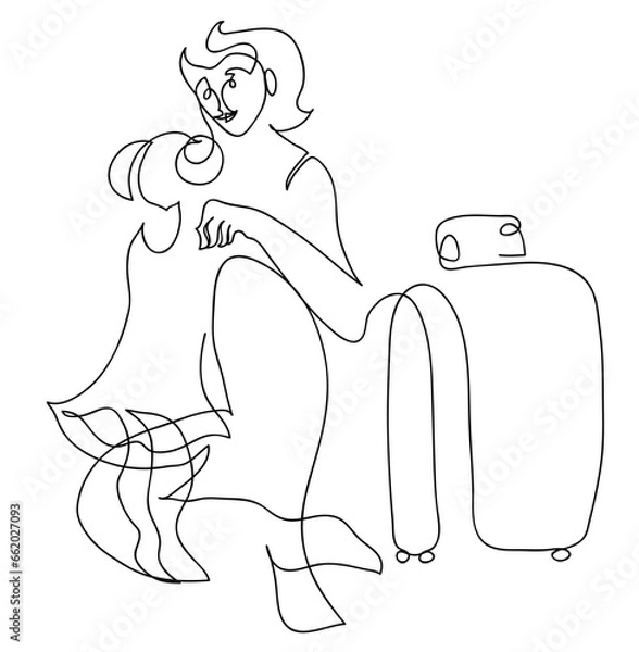 Fototapeta One line drawing of daughter greeting mother returning home with luggage.
One continuous line drawing of trip and  family concept.