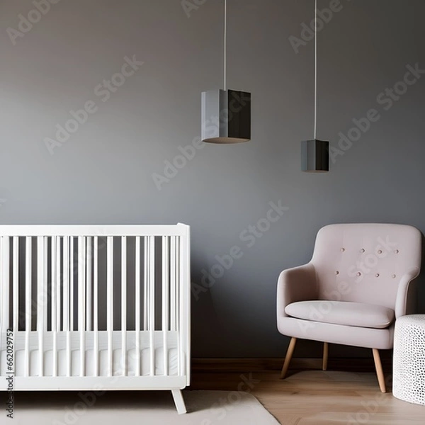 Fototapeta A minimalist, Scandinavian nursery with a clean, uncluttered design, natural wood accents, and soft pastels2, Generative AI
