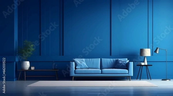 Fototapeta Empty living Room with Blue tones wall, Generative AI