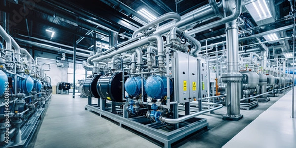Fototapeta Interior of hydrogen production and processing plant, large storage tanks with pipes near. H2 manufacturing as imagined by Generative AI