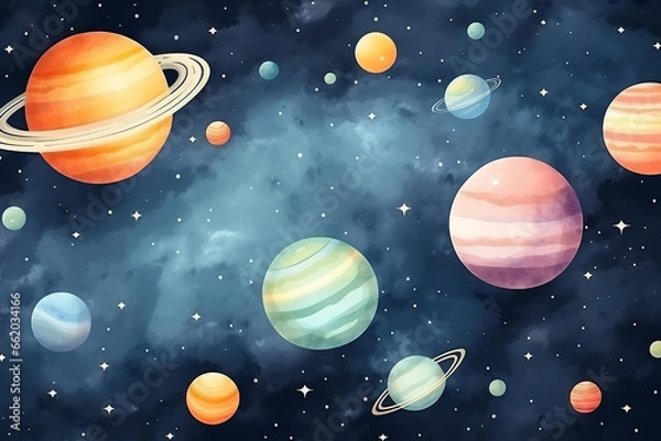 Fototapeta cute watercolor planets in space background