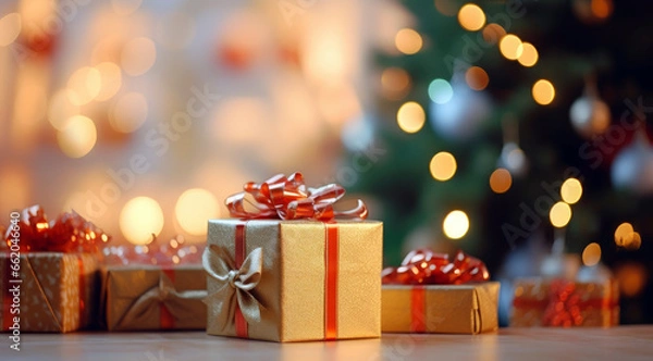 Fototapeta christmas and new year background. christmas gift boxes with gold ribbon on background of bokeh garlands with copy space. Christmas theme, sales, space for your holiday text.
