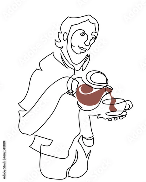 Obraz One line drawing of hold pot pour aroma coffee cup.
One continuous line drawing of man preparing coffee..
