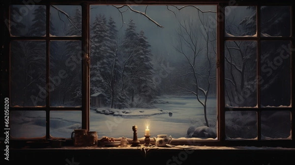 Fototapeta View through the window in winter - AI Generated