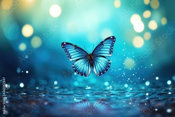 Obraz an image of a blue butterfly flying over sparkling water Generative AI