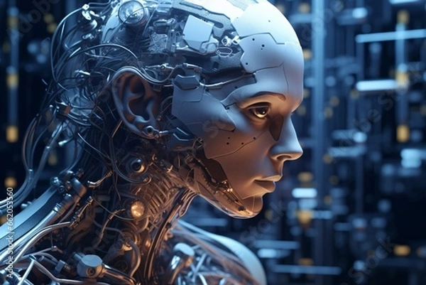 Obraz Cyborg female. Cyborg head. Cybernetic organism. Mechanical robot. Future technologies. Artificial intelligence.