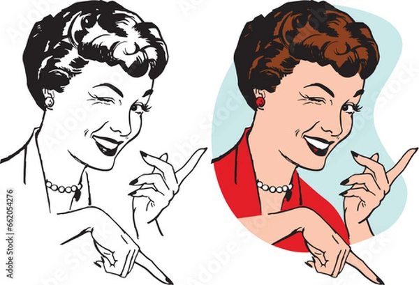 Obraz A vintage retro illustration of an attractive woman pointing in two directions. 