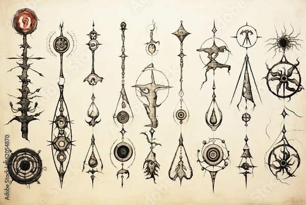 Fototapeta Symbols of alchemy and magic on ancient scrolls 