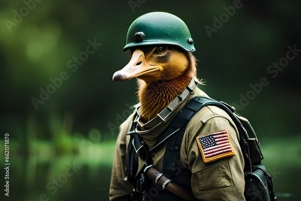 Obraz War duck dressed as a soldier, Generative Ai