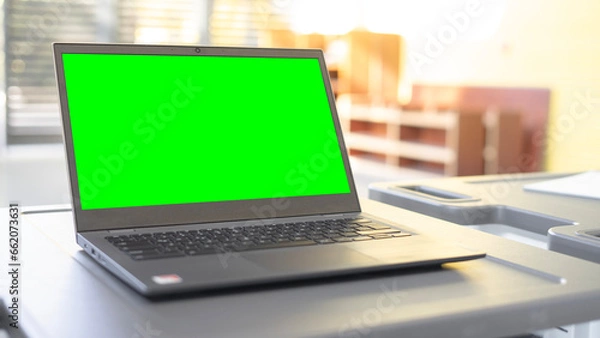 Fototapeta Open laptop with a blurry background and a green screen.